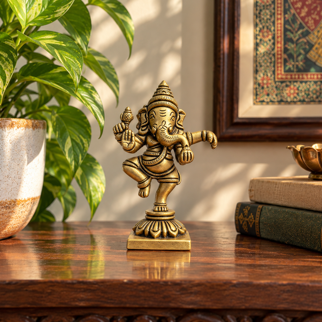 Handcrafted Brass Nritya Ganesha Idol – Antique Finish