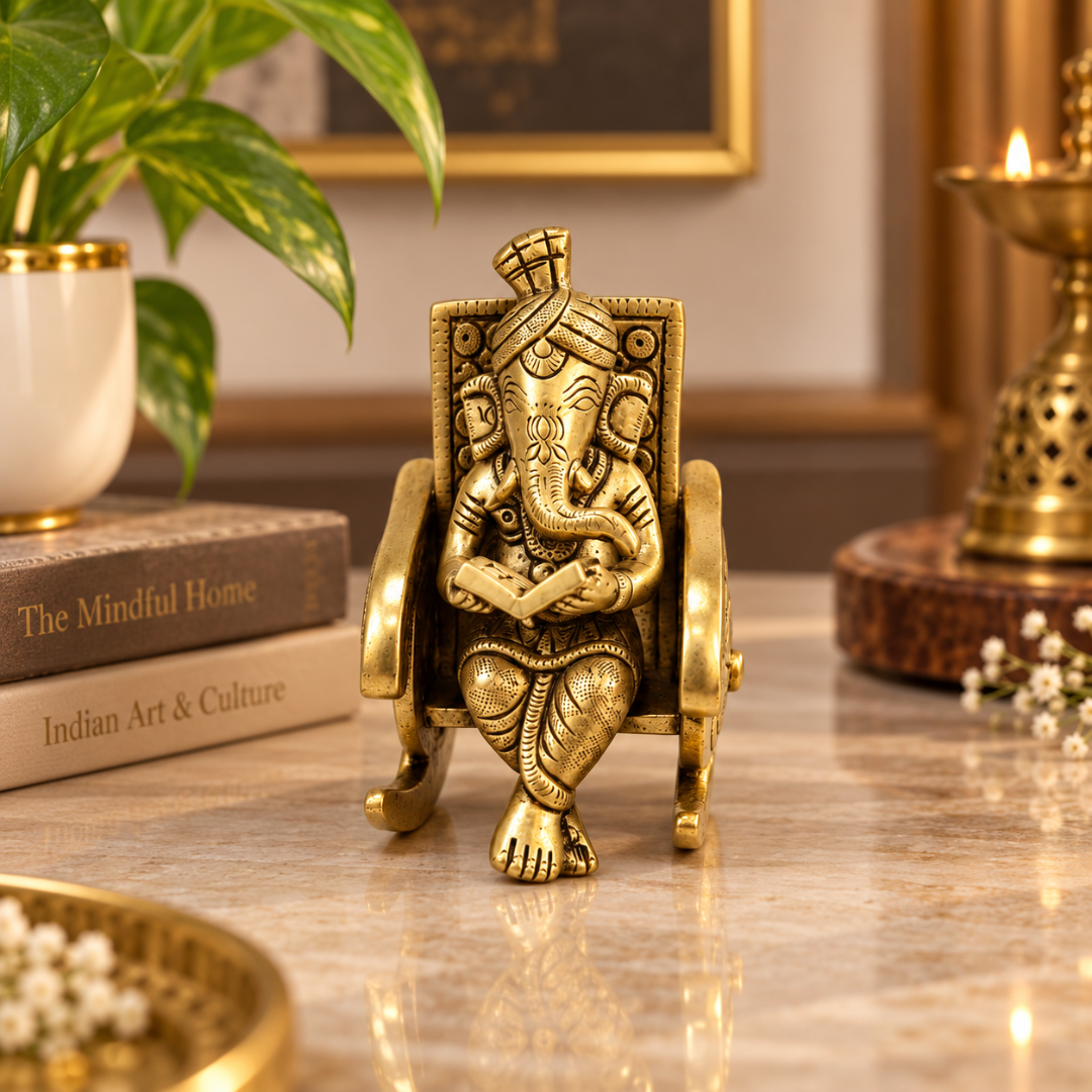 Handcrafted Brass Ganesha on Rocking Chair – Antique Finish