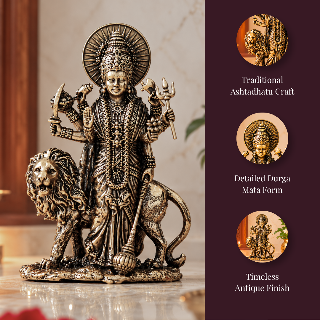 Premium Ashtadhatu Durga Maa Idol with Lion – Antique Finish