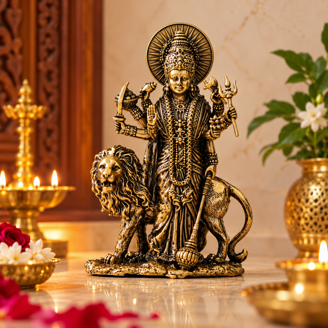 Premium Ashtadhatu Durga Maa Idol with Lion – Antique Finish