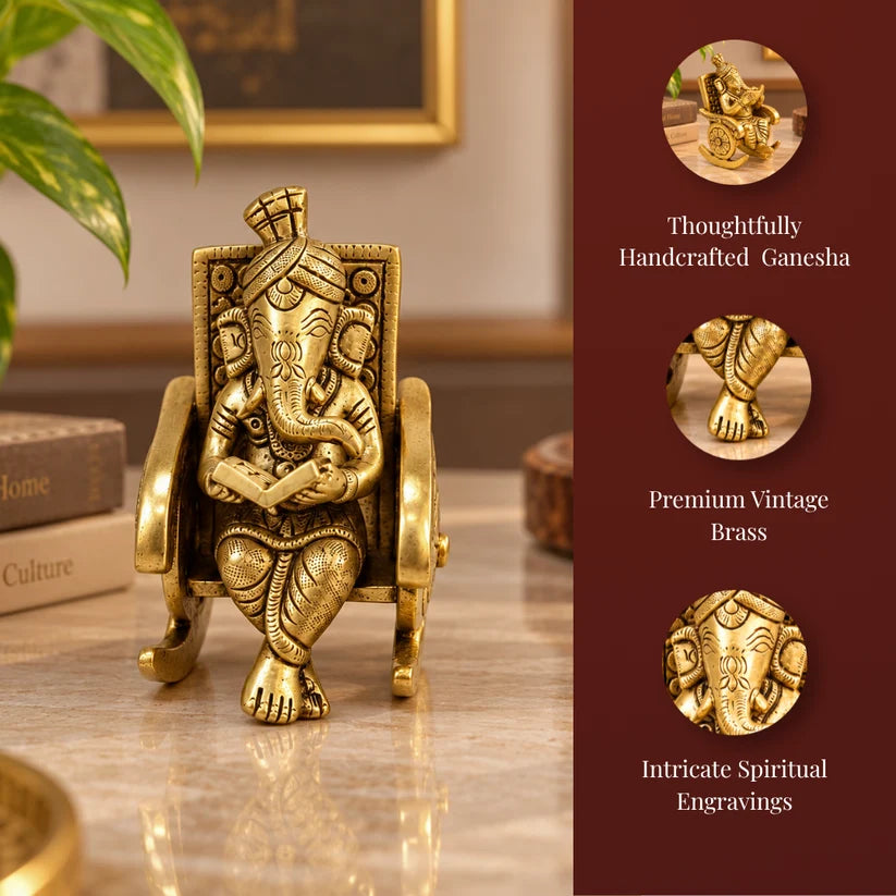 Handcrafted Brass Ganesha on Rocking Chair – Antique Finish