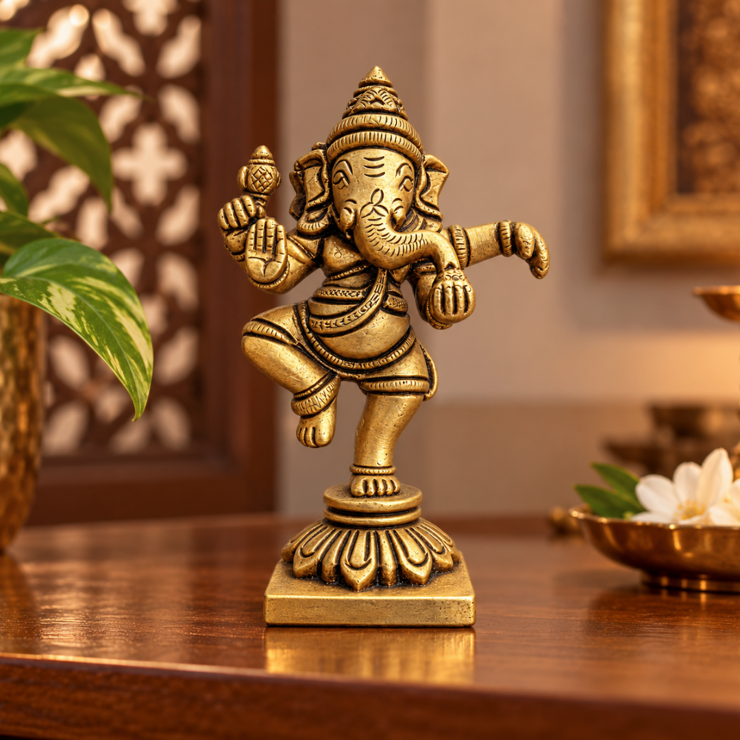Handcrafted Brass Nritya Ganesha Idol – Antique Finish