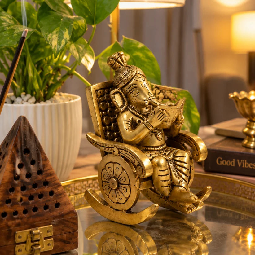 Handcrafted Brass Ganesha on Rocking Chair – Antique Finish