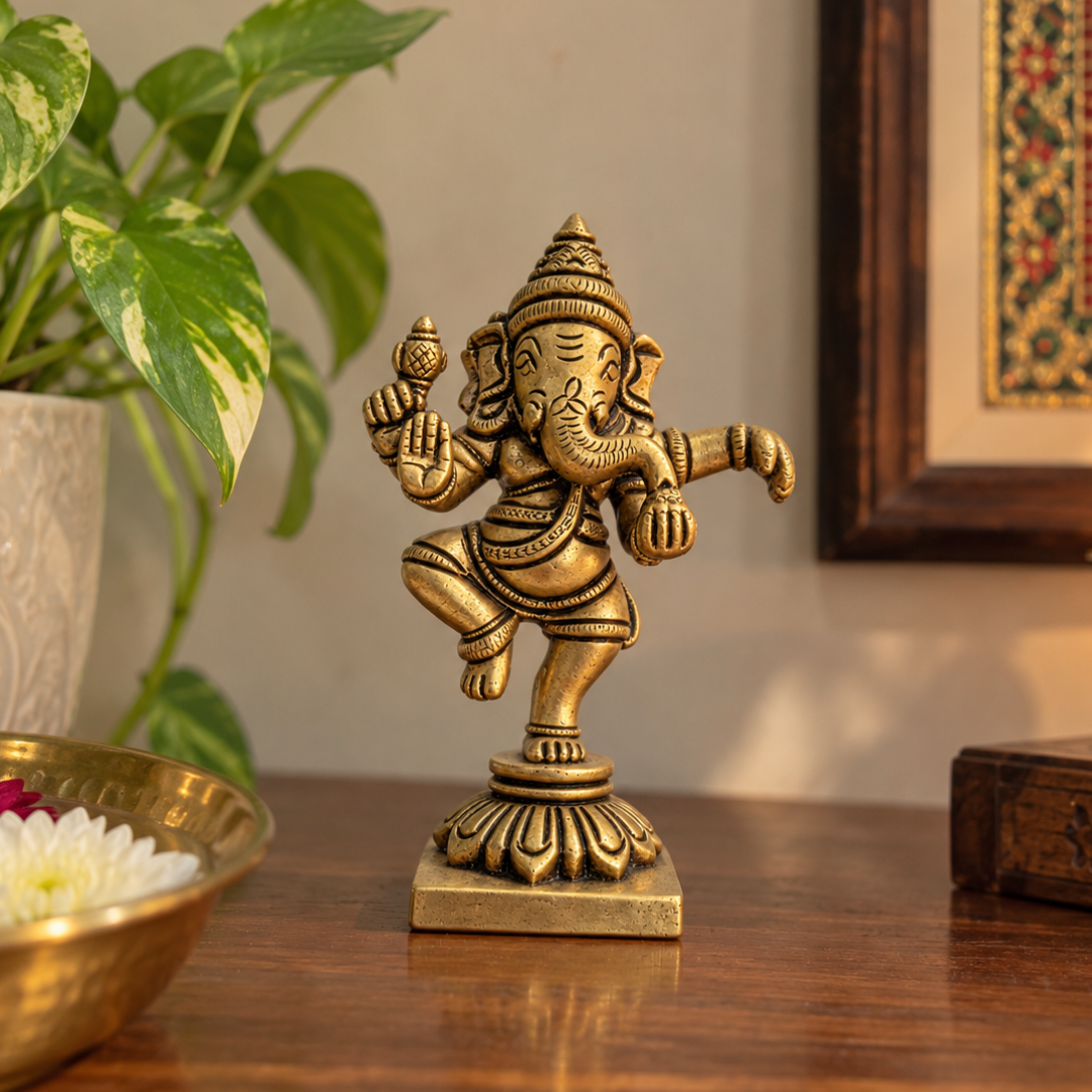 Handcrafted Brass Nritya Ganesha Idol – Antique Finish