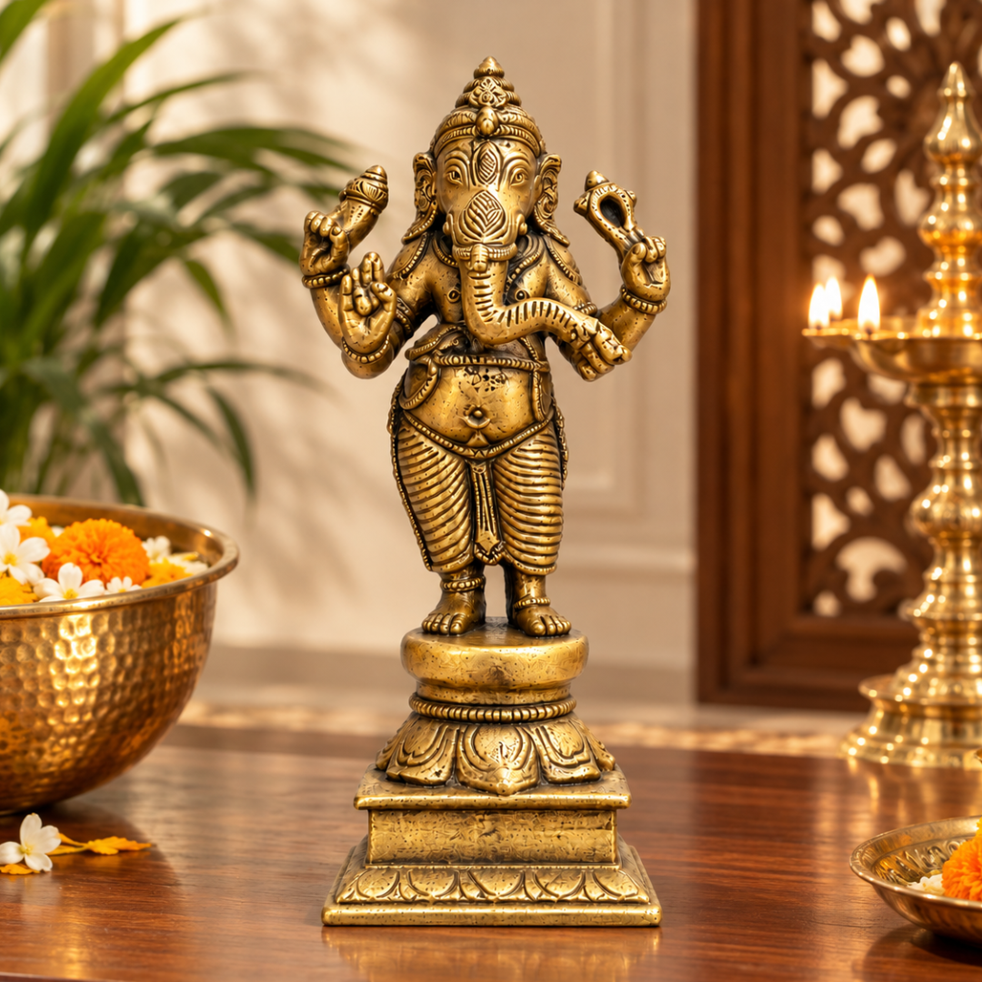 Handcrafted Brass Standing Ganesha Idol – Antique Finish