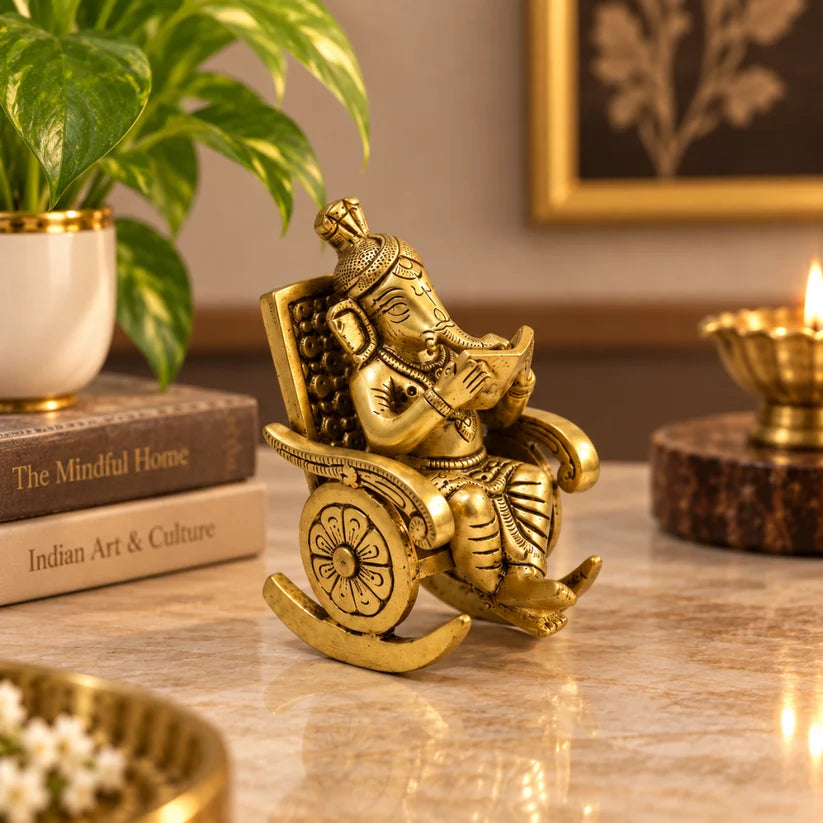 Handcrafted Brass Ganesha on Rocking Chair – Antique Finish
