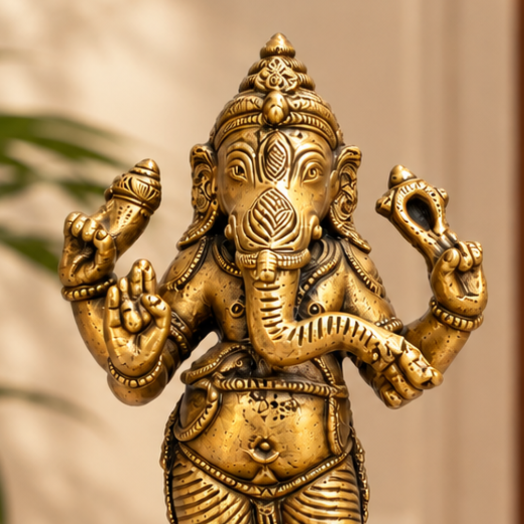 Handcrafted Brass Standing Ganesha Idol – Antique Finish