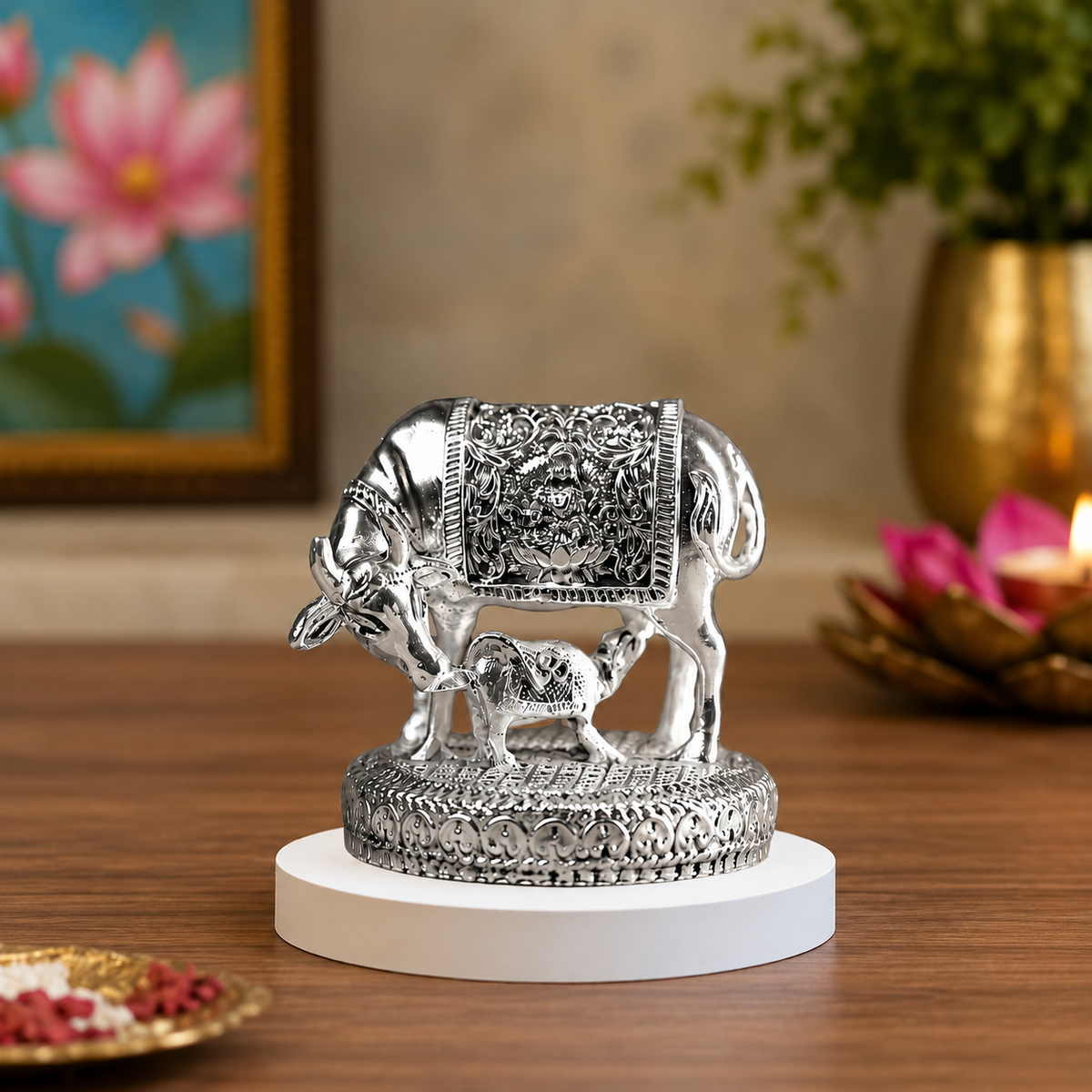 Kamdhenu Cow with Calf Idol Premium Silver-Plated