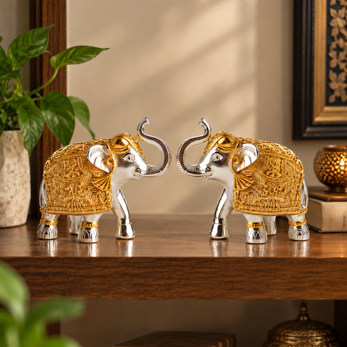 Royal Elephant Pair – Auspicious Prosperity Set Premium Gold & Silver-Plated