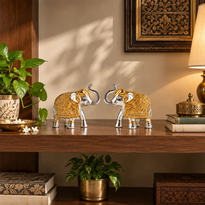 Royal Elephant Pair – Auspicious Prosperity Set Premium Gold & Silver-Plated
