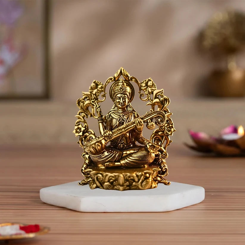 Premium Brass Saraswati Idol – Veena & Prabhavali