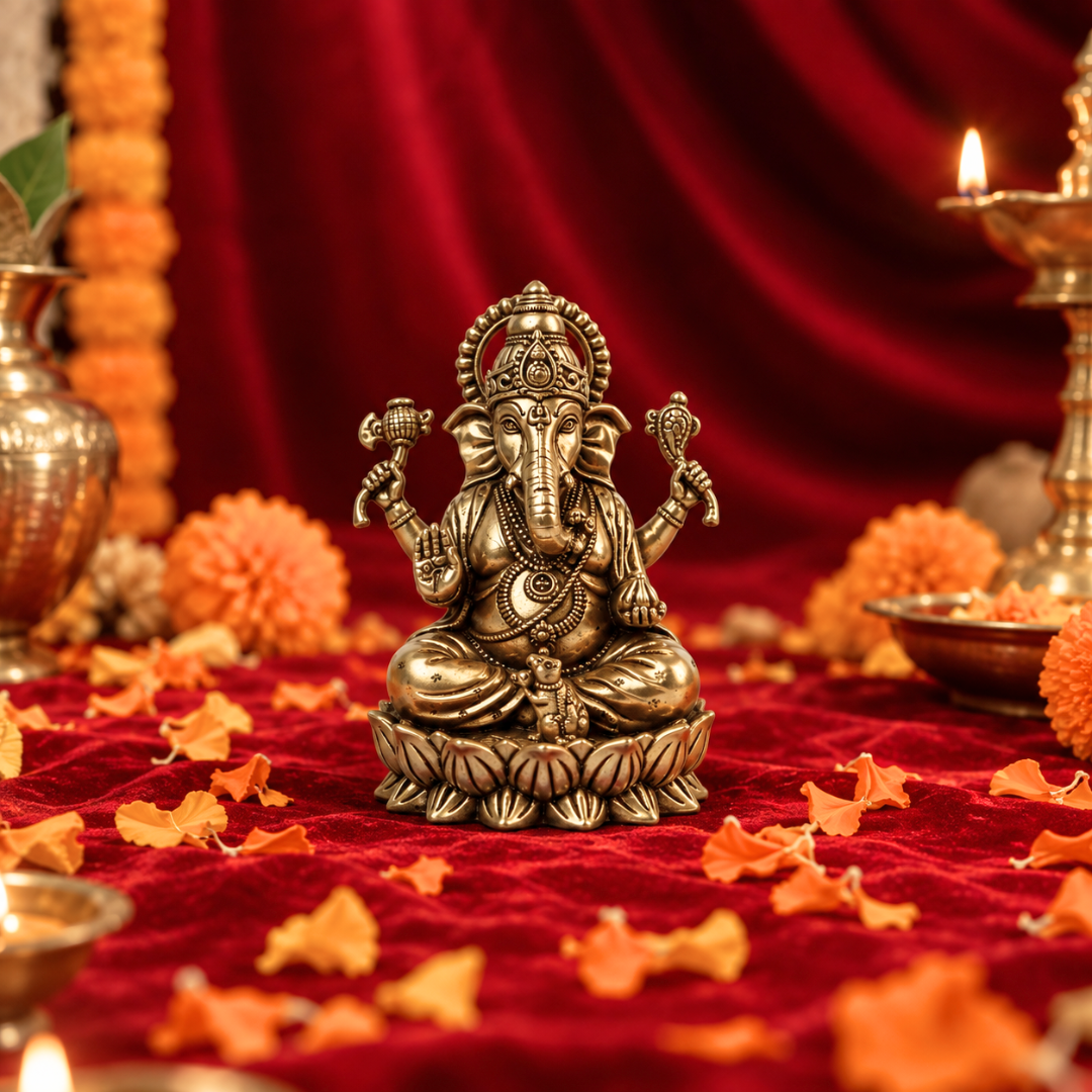 Premium Brass Ganesha Idol – Lotus Throne